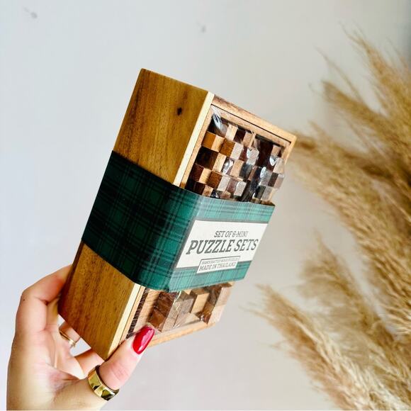 NEW WEST ELM Brown Tan Handcrafted Hand Wood Wooden Mini Puzzle Box Gift Set 6 - Picture 2 of 8
